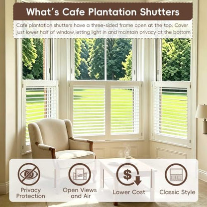 Interior Cafe Plantation Shutter with Invisible Tilt Rod - White