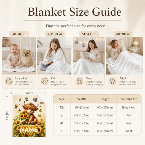 Yellow Highland Cow Personalized Kids Blanket - Custom Girl Throw for Sofa