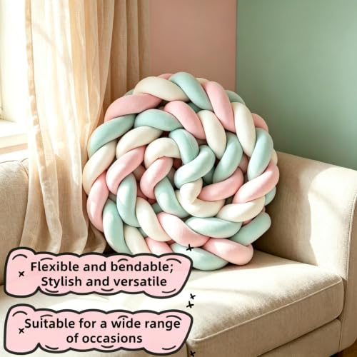 Mixed-Color Handmade 3-Strand Braided Knot Pillow - Soft Plush Decorative Throw, 141.7in (3.6m) - White Pink Grey