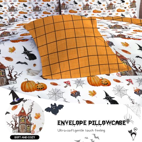 Halloween Duvet Cover Set Queen with Pumpkin Haunted House Pattern, Orange & White