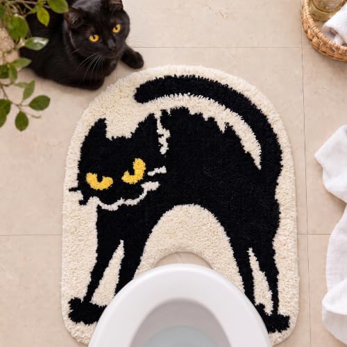 Black Cat U-Shaped Toilet Rug - Washable Bathroom Mat, 24x20 Inches
