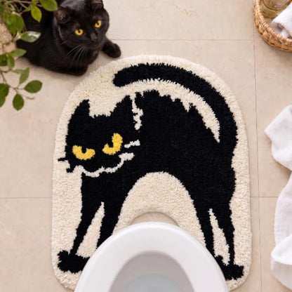 Black Cat U-Shaped Toilet Rug - Washable Bathroom Mat, 24x20 Inches