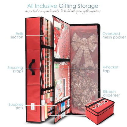 Red Large Gift Wrap Storage Container with Ribbon Dispenser and Pockets