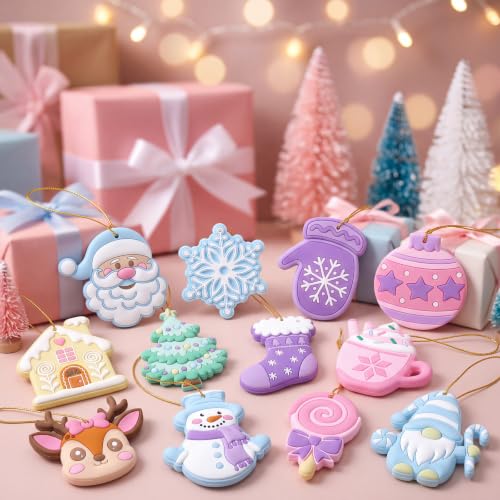 Lunmon 24 Pack Pastel Christmas Ornaments PVC Holiday Tree Decorations