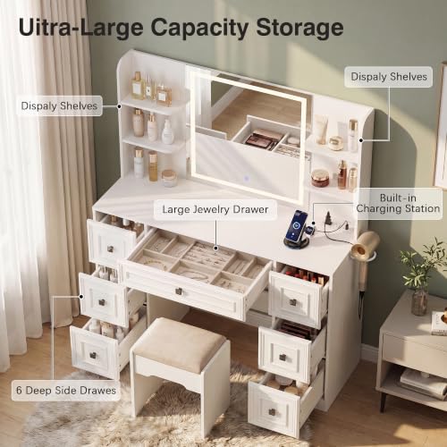 YESHOMY Pure White Makeup Vanity Desk with LED Mirror, UL Charging Hub & 7-Drawer Storage