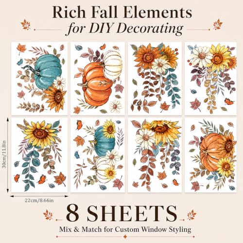 Fall Sunflower Pumpkin Window Clings Set - Autumn Glass Decor, 8 Sheets