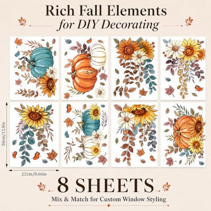 Fall Sunflower Pumpkin Window Clings Set - Autumn Glass Decor, 8 Sheets
