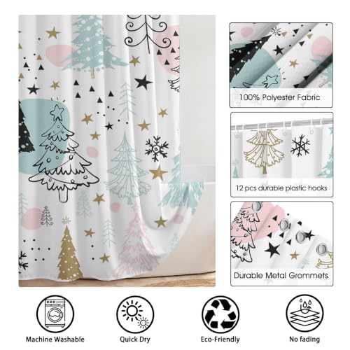 Pastel Christmas Tree Shower Curtain 72x72 Inch Pink Snowflakes Bathroom Decor