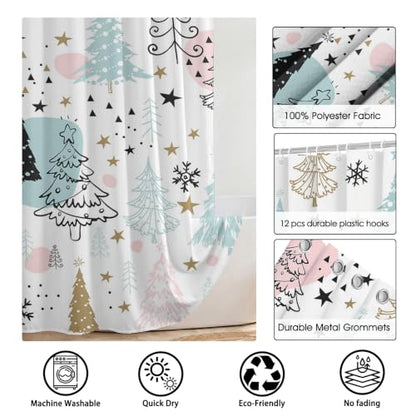 Pastel Christmas Tree Shower Curtain 72x72 Inch Pink Snowflakes Bathroom Decor