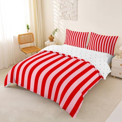 Manfei Red Pink Stripes Kids Duvet Cover Set Queen Size - Abstract Geometric Bedding