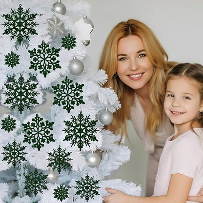 36pcs Dark Green Flocked Christmas Snowflake Ornaments - Hanging Velvet Holiday Decor - Variation: Green