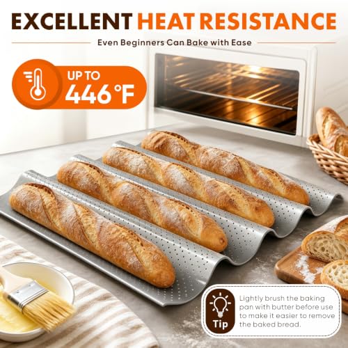 French Baguette Bread Pan Set - Nonstick 2-Pack with 8 Slots, Silver
