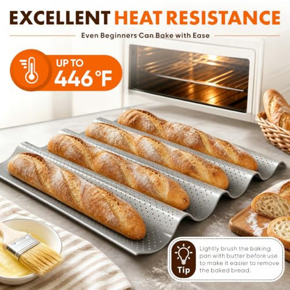 French Baguette Bread Pan Set - Nonstick 2-Pack with 8 Slots, Silver