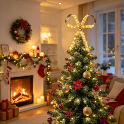 Gold Glitter LED Christmas Tree Topper Bow with 8 Light Modes, Waterproof