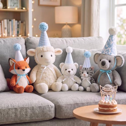 Mini Party Hats for Stuffed Animals, Dolls, Cats - Blue Gingham, 5 Pack