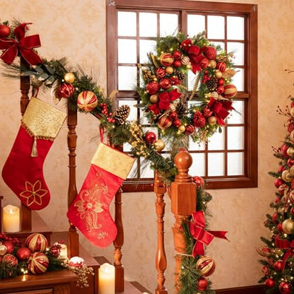 Red 9 Feet Pre-Lit Christmas Garland with Red Gold Balls & Bow - Valery Madelyn