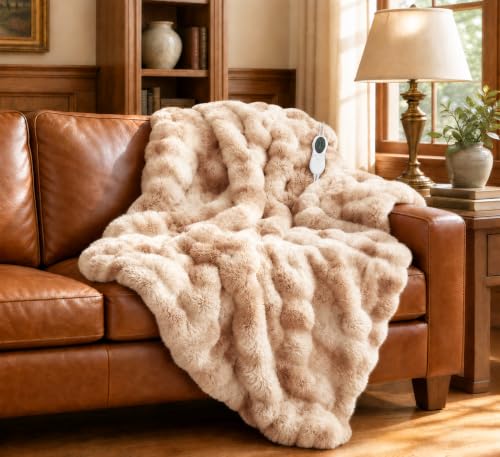 Electric Heated Faux Rabbit Fur Bubble Throw Blanket - Beige Tie-Dye 50x60"