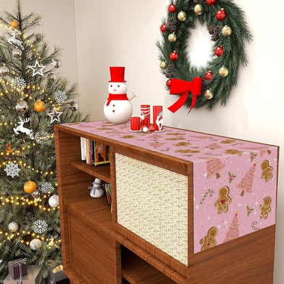 Pink Gingerbread Christmas Table Runner 13x72 Inches Holiday Decor