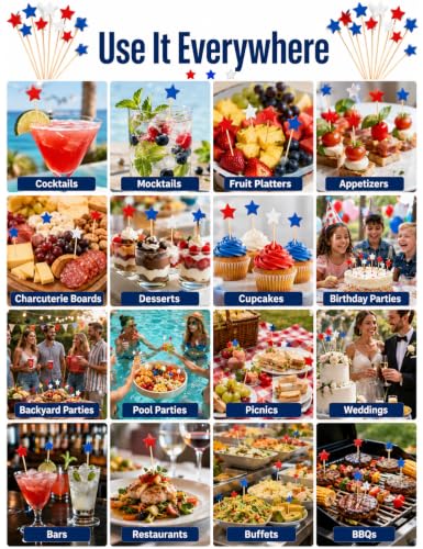 Red White Blue Star Cocktail Picks 100 Pcs - Patriotic Food & Drink Skewers