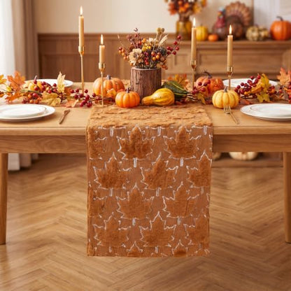 Maple Leaf Faux Fur Table Runner 13x72 Inch Fall Thanksgiving Decor - QueenDream