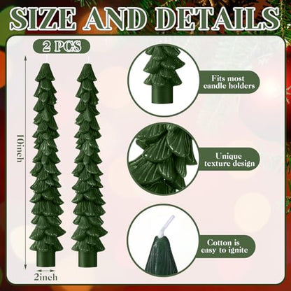MTLEE 2 Pack Green Christmas Tree Taper Candles - 10 Inch Unscented Holiday Decor