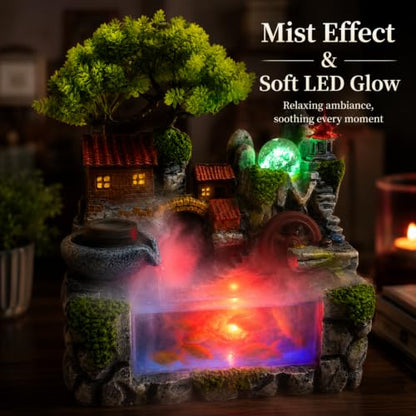 Indoor Tabletop Fountain with LED Lights, Mist, and Rockery Decor