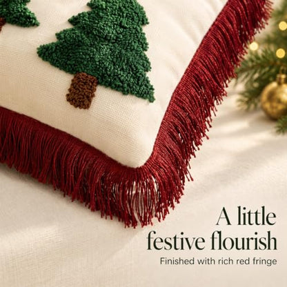 Christmas Pillow Covers Set of 2 - 18x18 Inch Tree Embroidered Throw Pillowcases with Tassels