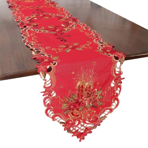 Christmas Table Runner 14x54 Inches - Embroidered Poinsettia & Scalloped Border in Red