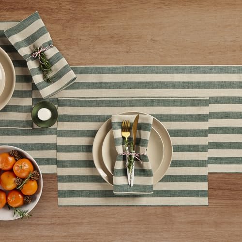 Solino Home 100% Linen Table Runner 14x144 in - Hunter Green & Natural Stripes