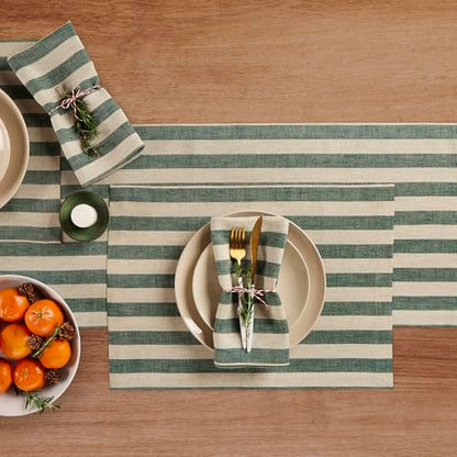 Solino Home 100% Linen Table Runner 14x144 in - Hunter Green & Natural Stripes