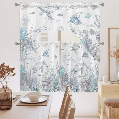 JasmineM 3 Piece Coastal Watercolor Kitchen Curtain Set - 27.5"W x 24"L