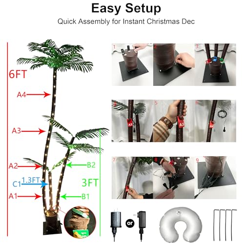 6Ft LED Palm Tree with 3 Branches - Festive Christmas Decor, App-Controlled