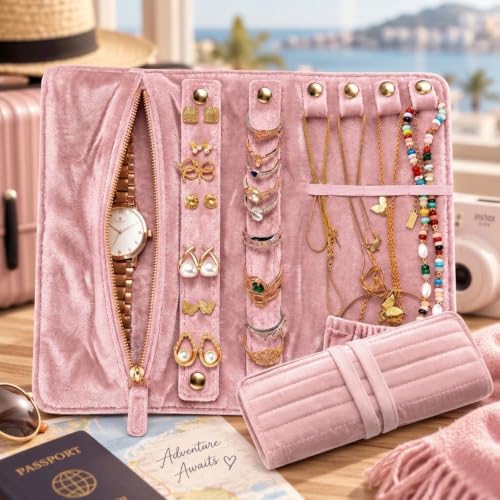 Travel Jewelry Organizer Case Pink Jewelry Roll for Necklaces Rings & Earrings