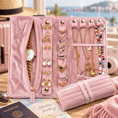Travel Jewelry Organizer Case Pink Jewelry Roll for Necklaces Rings & Earrings