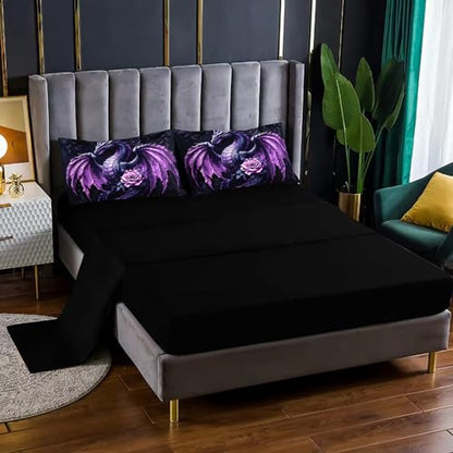 A-Dragon Queen Size Fantasy Dragon Comforter Bedding Set with Sheets & Pillowcases - Purple