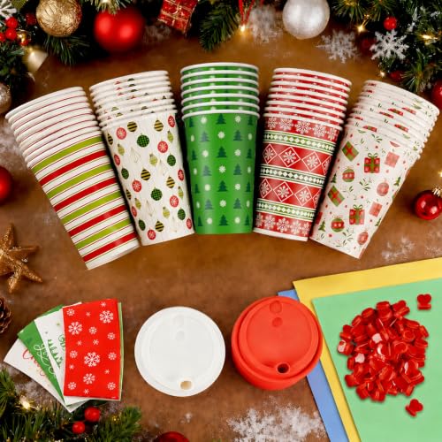 Red Green Christmas Hot Coffee Cups with Lids and Sleeves - 50 Pack, 12oz