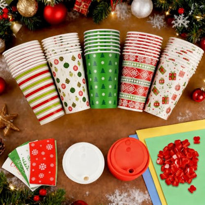 Red Green Christmas Hot Coffee Cups with Lids and Sleeves - 50 Pack, 12oz