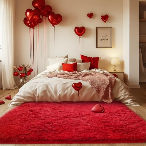 Red Fluffy Rug 4x6 ft Plush Non-Slip Bedroom Carpet - Cozy Shag Home Decor