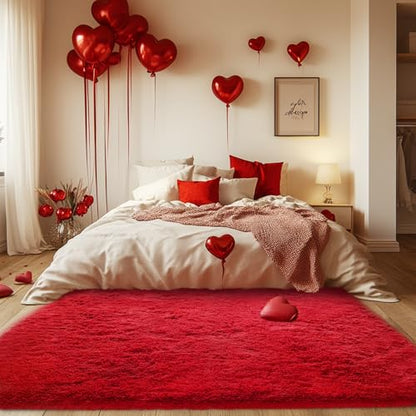 Red Fluffy Rug 4x6 ft Plush Non-Slip Bedroom Carpet - Cozy Shag Home Decor