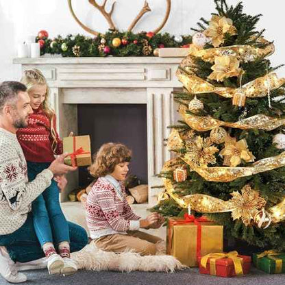 CandyHome 2 Pcs Christmas Tree Decorations, Total 40ft 120 Led Christmas Tree Ribbon Lights Battery Operated Ribbon Bows Copper Wire String Lights for Xmas Party Holiday New Year Home Decor, Gold