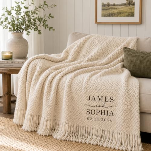 Personalized Wedding Blanket for Couples Custom Names & Date Woven Throw with Fringe