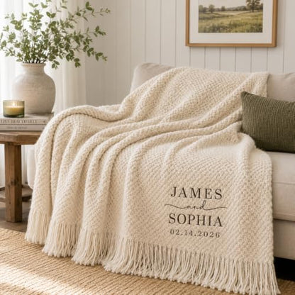 Personalized Wedding Blanket for Couples Custom Names & Date Woven Throw with Fringe