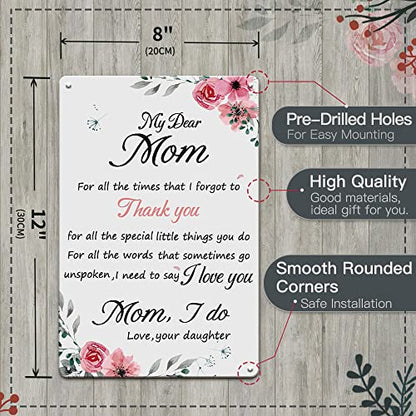 Mother's Day Gift Tin Sign for Mom from Daughter - Pink Flower 12x8 Inches - Grateful Gift for Women - Mom Gifts from Daughters - Mom Gift from Son