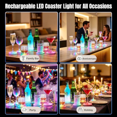 Rechargeable LED Coaster Light for Drinkware, Multi-Color, 50-80H Runtime