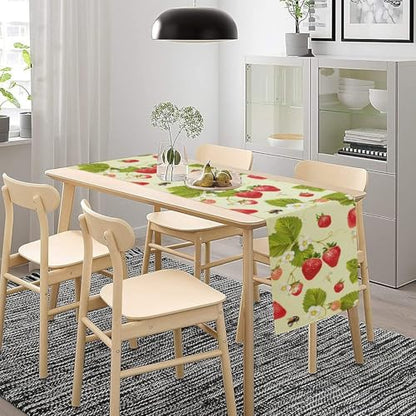 Spring Summer Strawberry Table Runner 13x36in - Rustic Fruit & Flower Print