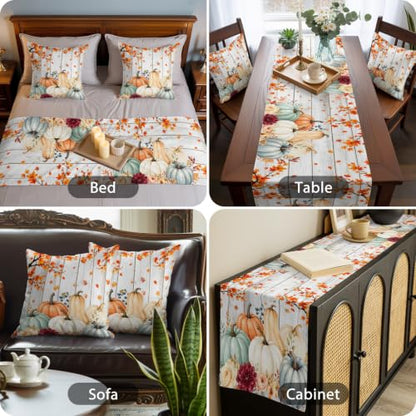 Fall Pumpkin and Maple Leaf Bed Runner Set with Matching Pillow Covers - Blue, Gray, Orange, White, 83x20 Inches