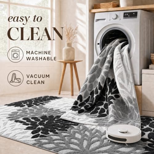 Arenarug 5x7 Grey White Black High-Low Plush Washable Area Rug - Floral Design