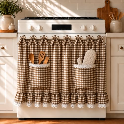 Farmhouse Tie Top Oven Skirt Curtain with Pockets - Brown