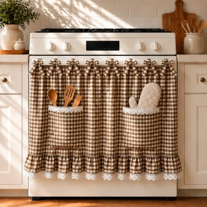 Farmhouse Tie Top Oven Skirt Curtain with Pockets - Brown