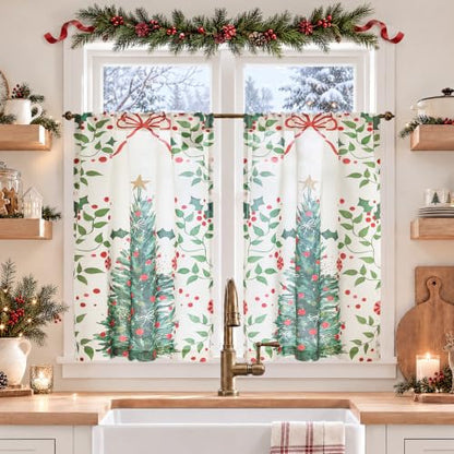 Christmas Tree Pattern Kitchen Curtains - 2 Panels 26x36 Inches, Festive Rod Pocket Window Drapes